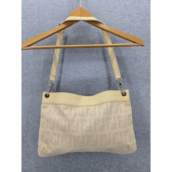 Auth. FENDI Selleria 1925 Shoulder Bag Purse Ivory Cloth 925 Silver Zucca Print - Picture 1 of 15